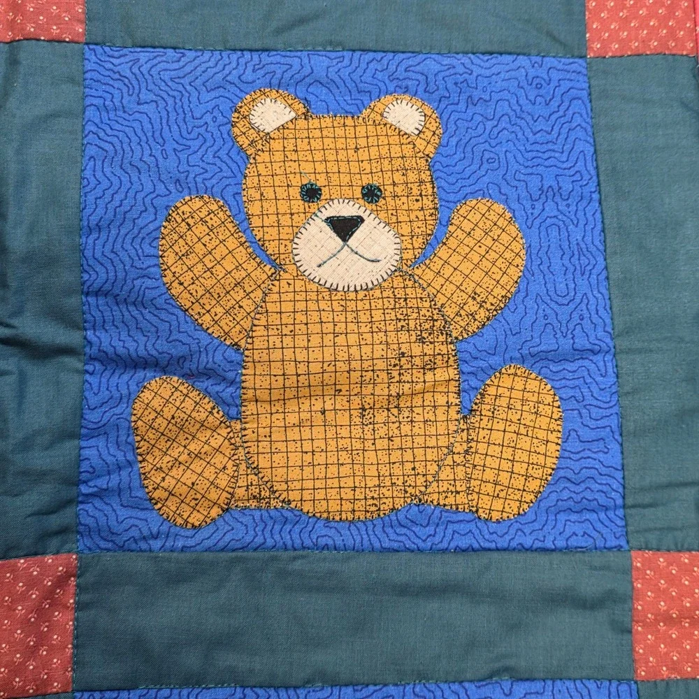 Handmade Teddy Bear Patchwork Quilt Wall Hanging Blue Teal Red Brown Nursery